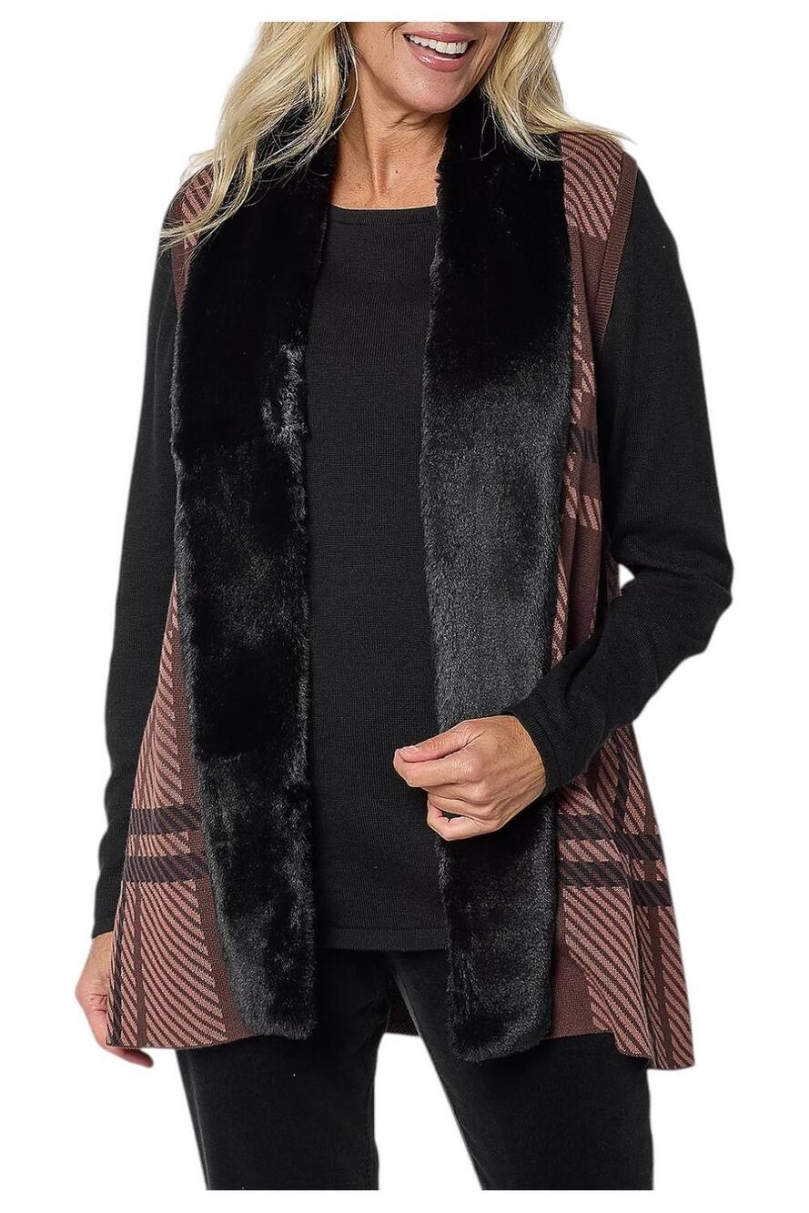 Denim & Co.  Women's Jacquard Plaid Faux Fur Trim Vest Dk Chocolate/Bl - Regular